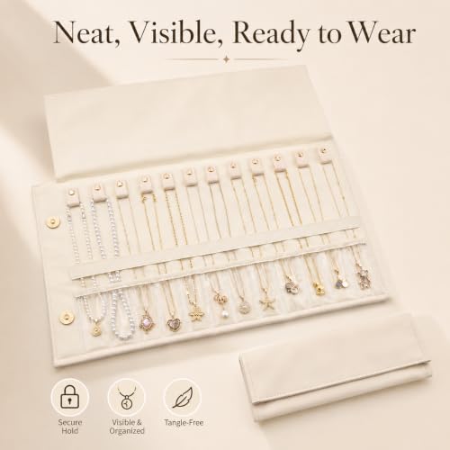 Travel Necklace Organizer Roll Up Jewelry Case, 12 Slots, Beige | Foldable travel jewelry organizer keeps necklaces, chains and bracelets separated in 12 slots to reduce tangles on the go.