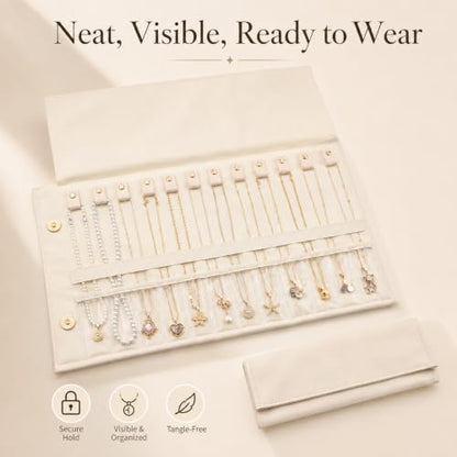 Travel Necklace Organizer Roll Up Jewelry Case, 12 Slots, Beige | Foldable travel jewelry organizer keeps necklaces, chains and bracelets separated in 12 slots to reduce tangles on the go.
