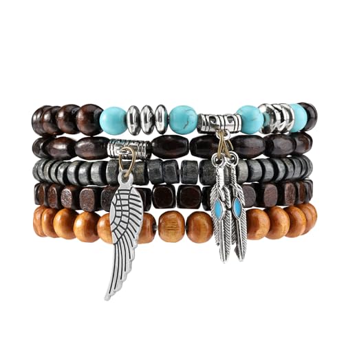 Mens Beaded Bracelets Tribal Wooden Elastic Adjustable Prayer Beads Wrap Cuff for Women - color: K: 5pcs