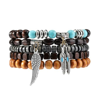 Mens Beaded Bracelets Tribal Wooden Elastic Adjustable Prayer Beads Wrap Cuff for Women - color: K: 5pcs