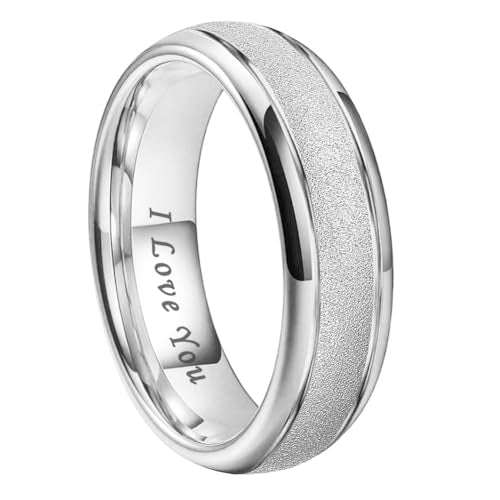 TUTISS 6mm 8mm Black/Gold/Rose Gold/White Tungsten Rings for Men Women Fashion Engagement Wedding Bands Sandblasted Finish I Love You Engraved Comfort Fit - color: 6mm White Tungsten I Love You