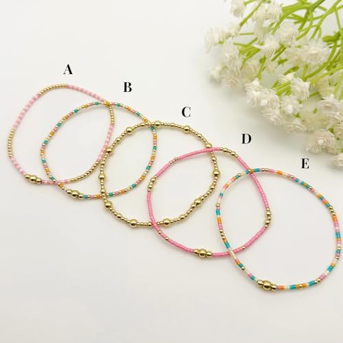 5Pcs Stack Gold Plated Ball Beaded Bracelets Set for Women, Boho Handmade Colorful Glass Pearl Stretch Accessories Jewelry, Summer Beach Daily Wear Holiday Friendship Gift - color: Pink