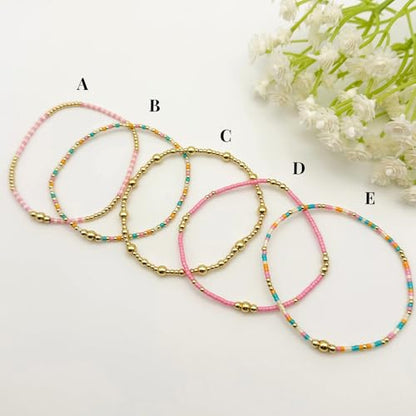 5Pcs Stack Gold Plated Ball Beaded Bracelets Set for Women, Boho Handmade Colorful Glass Pearl Stretch Accessories Jewelry, Summer Beach Daily Wear Holiday Friendship Gift - color: Pink