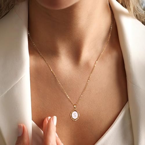 14K Gold Plated Initial Necklaces for Women, Letter Charm Pendant Necklace | Dainty Oval White Enamel Personalized Name Necklace, Trendy Jewelry with 16 inches Chain and 2 inches Extender - color: S