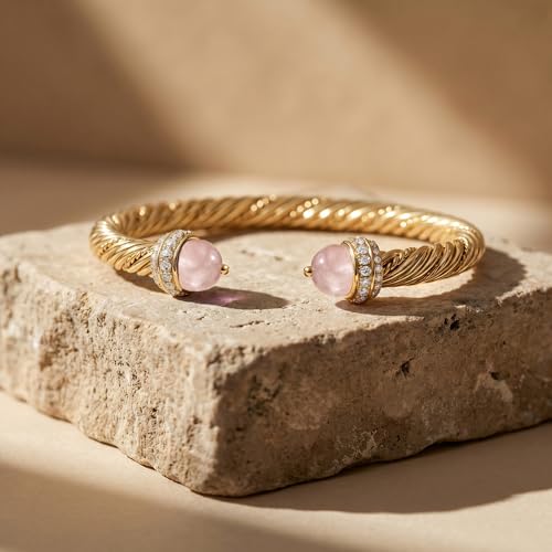 Fettero Gold Cuff Bangle Bracelets for Women - Adjustable Open Cuff Bangles 14K Gold Plated Charm Twisted Cable Bangle Bracelet for Mom Dainty Jewelry Gift - color: Pink