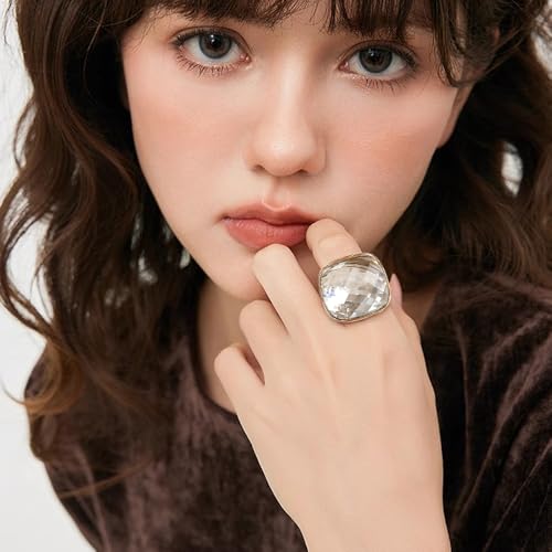 Chunky Square Crystal Glass Stainless Steel Statement Ring for Women Men Gold-Tone Plated Exaggerated Large Geometric Green Cubic Zirconia Finger Band Knuckle Rings Cocktail Prom Fashion Jewelry - color: Clear