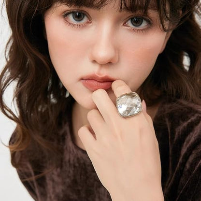 Chunky Square Crystal Glass Stainless Steel Statement Ring for Women Men Gold-Tone Plated Exaggerated Large Geometric Green Cubic Zirconia Finger Band Knuckle Rings Cocktail Prom Fashion Jewelry - color: Clear