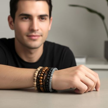 Wooden Mens Beaded Bracelets Adjustable Elasticity Mens Bracelet Multi-Layer Detachable Beaded Bracelets for Men - color: T-001