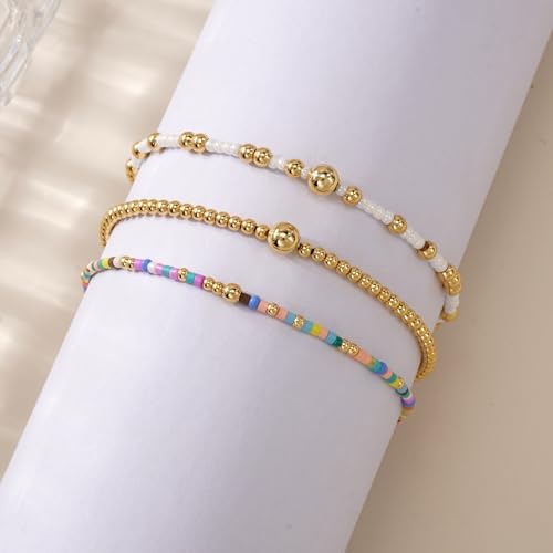 Gold Beaded Bracelet Stack for Women Colorful Small Seed Beads Bracelets Set Boho 14K Gold Plated Ball Stackable Stretch Non-Tarnish Dainty Jewelry Trendy Accessory Friendship Gift - color: blue and white