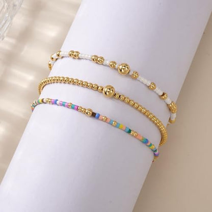 Gold Beaded Bracelet Stack for Women Colorful Small Seed Beads Bracelets Set Boho 14K Gold Plated Ball Stackable Stretch Non-Tarnish Dainty Jewelry Trendy Accessory Friendship Gift - color: blue and white