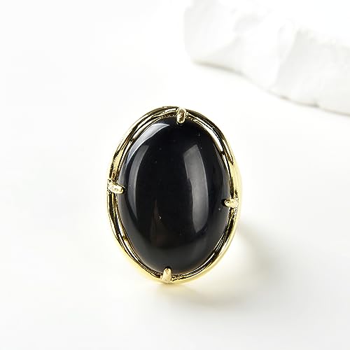Natural Stone Adjustable Finger Rings Semi Precious Oval Shaped Gemstone Jewelry For Women Anniversary Birthday Wedding Gift - color: Black Agate