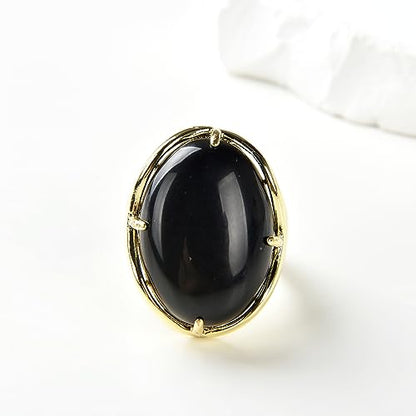 Natural Stone Adjustable Finger Rings Semi Precious Oval Shaped Gemstone Jewelry For Women Anniversary Birthday Wedding Gift - color: Black Agate