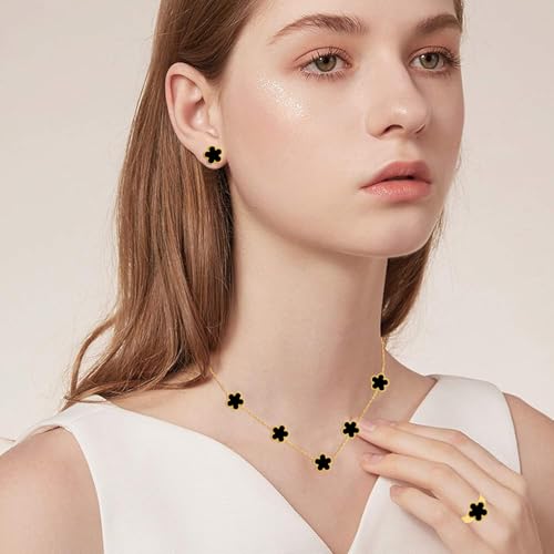 5 Pieces Lucky Clover Jewelry Set for Women Gold Jewelry Set 18K Gold Plated Flower Design Five Leaf Necklace Bracelet Ring Earrings for Women - color: Clover Black