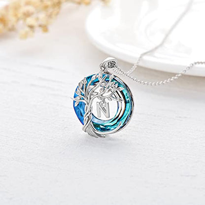 TOUPOP Gifts for Women Tree of Life Initial Necklace 925 Sterling Silver Letter Pendant with Blue Crystal Birthday Jewelry Gifts for Women Her Mom Wife Daughter - color: Tree of Life N Initial