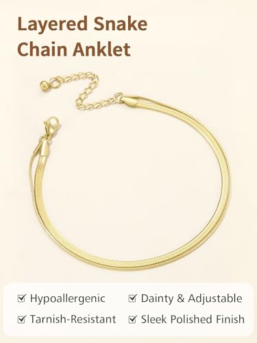 FindChic Ankle Bracelets for Women, Silver/Black/Gold Plated Layered Stainless Steel Anklets, Non-Tarnish Adjustable Waterproof Trendy Foot Jewelry for Beach Summer - style: Layered Snake Chain-Gold
