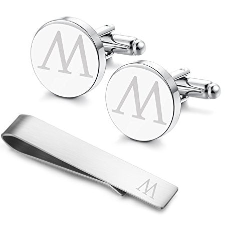 Initial Cuff Links Mens and Tie Clips for Men | Classic Silver Letter Alphabet A-Z Cufflinks and Tie Bar Set, Gifts for Men Father Husband for Formal Business Wedding - style: M
