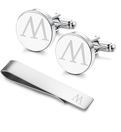 Initial Cuff Links Mens and Tie Clips for Men | Classic Silver Letter Alphabet A-Z Cufflinks and Tie Bar Set, Gifts for Men Father Husband for Formal Business Wedding - style: M
