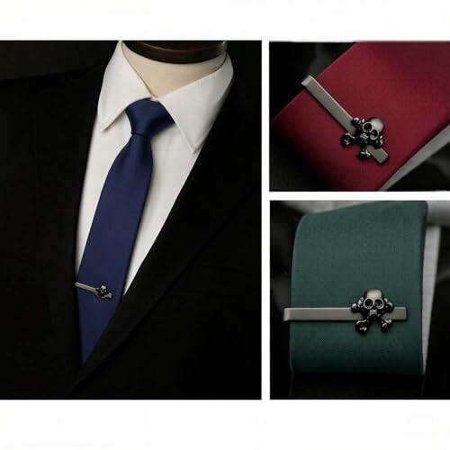 Men's Black Skull and Crossbones Tie Clip, Gothic Pirate Tie Bar, Gothic Fashion Accessory for Business Men, Formal Events, Halloween, Punk Horro, Unique Dark Jewelry Gifts