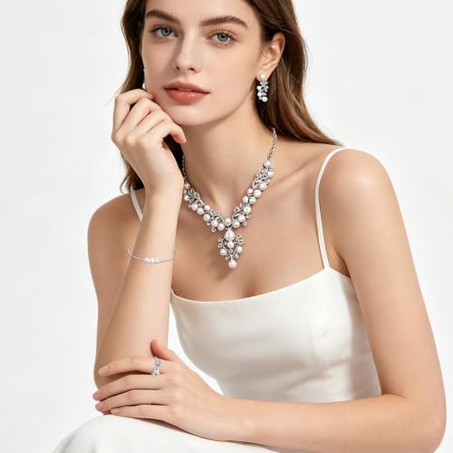NEWITIN 15 Pieces Pearl Jewelry Set for Women Wedding Costume Accessories | Hypoallergenic, Cubic Zirconia, CZ Necklaces Earrings Bracelets Rings, Silver Jewelry for Wedding Bride Bridesmaid Party Prom - color: Silver Pearl A