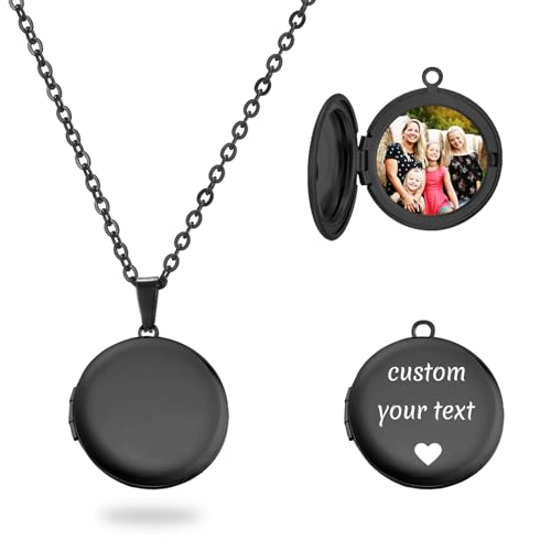 PHOCKSIN Personalized Locket Necklace for Women Photo Necklace with Customized Picture Birth Flower Birthstone Customizable Birthday Gifts - color: #15-Round Black