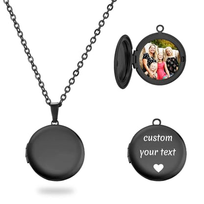 PHOCKSIN Personalized Locket Necklace for Women Photo Necklace with Customized Picture Birth Flower Birthstone Customizable Birthday Gifts - color: #15-Round Black
