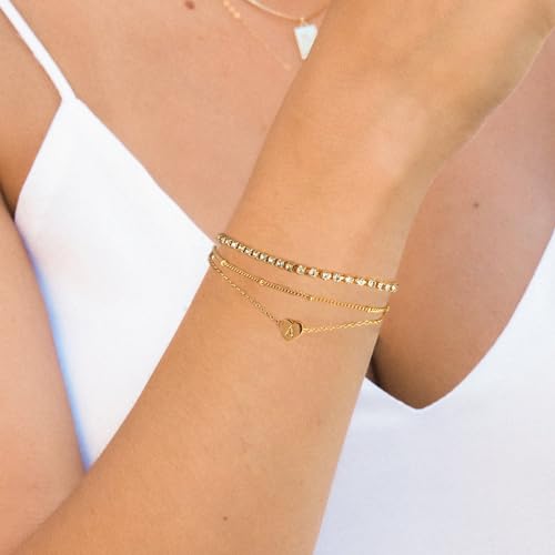 YANODA Gold Initial Bracelets for Women, 14K Gold Plated Bracelet Sets Trendy Gold Bracelet Stack Dainty Heart Letter Initial Bracelets Adjustable Tennis Bracelets Personalized Jewelry for Women - color: T