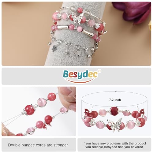 Besydec Stackable Boho Beaded Bracelets With Natural Stone & Pearl Heart & Clay Beads for Women,Adjustable Silver Jewelry - color: Pink