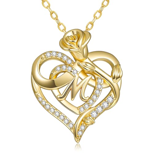 14k Gold Heart Initial Necklaces for Women, Dainty Letter Pendant Chain Necklace, Letter A to Z Initial Jewelry, Anniversary Birthday Gifts for Her Wife Mom Daughter - style: Letter M