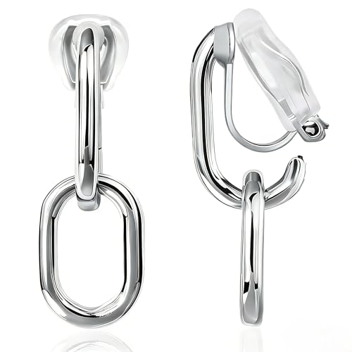 FAN&LOUIS 24K Gold Plated Clip On Earrings for Women, Gold Chain Link Drop Dangle Double Hoops Hypoallergenic Trendy Lightweight Clip-On Earrings for Non-Pierced Ears - style: Silver