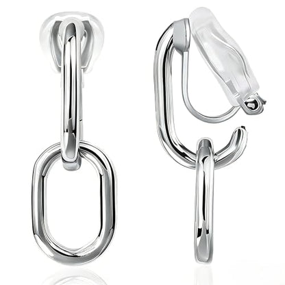 FAN&LOUIS 24K Gold Plated Clip On Earrings for Women, Gold Chain Link Drop Dangle Double Hoops Hypoallergenic Trendy Lightweight Clip-On Earrings for Non-Pierced Ears - style: Silver