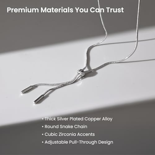ARSIS Lariat Long Gold Necklace for Women, 18K Gold/Platinum Plated Y-Shaped Drop Dangle Pendant Necklace, Long Adjustable Pull Slider Chain Jewelry Gift for Her - color: Silver-herringbone slider
