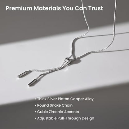 ARSIS Lariat Long Gold Necklace for Women, 18K Gold/Platinum Plated Y-Shaped Drop Dangle Pendant Necklace, Long Adjustable Pull Slider Chain Jewelry Gift for Her - color: Silver-herringbone slider