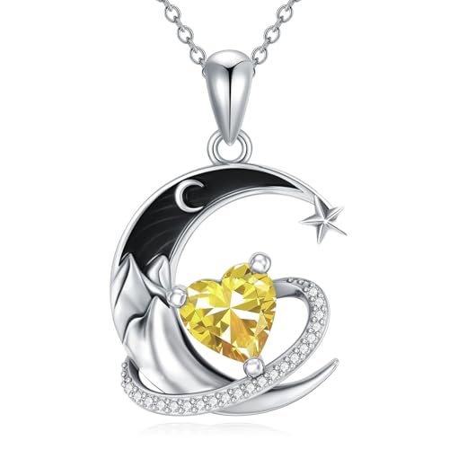 I Love You to the Moon and Back Necklace 925 Sterling Silver Black Crescent Moon Star Pendant with Heart Birthstone Necklace Anniversary Gothic Jewelry Gifts for Women Wife Lovers - color: 11-Nov-Citrine