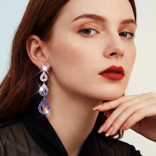 Catery Long Rhinestone Earrings Silver Pageant Earrings Dangling for Women Wedding - color: Purple Blue