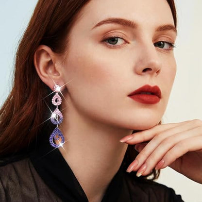 Catery Long Rhinestone Earrings Silver Pageant Earrings Dangling for Women Wedding - color: Purple Blue