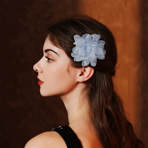 13cm/5in Beaded Mesh Flower Brooch Pin for Women Girls Dainty Round Shell Pearl Ball Beads Camellia Peony Flowers Brooches Lapel Hair Pins Elegant Wedding Anniversary Accessories Jewelry - color: Blue