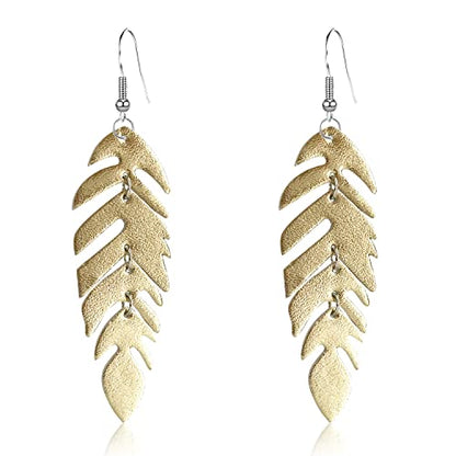 Handmade Unique Lightweight Bohemian Genuine Leather Leaf Dangle Drop Earrings Dainty Sparkly Chain Feather Hook Earring for Women Statement - color: Gold