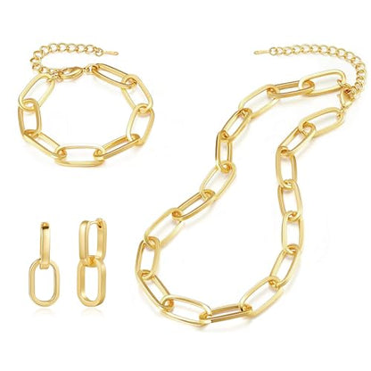 KesaPlan Gold Chain Necklace Bracelet and Earrings for Women Silver Chunky Jewelry Set, 14K Gold Plated Ladies Dainty and Chunky Chain Link Paperclip Jewelry Set for Women Gifts - style: Paperclip Set Gold 2