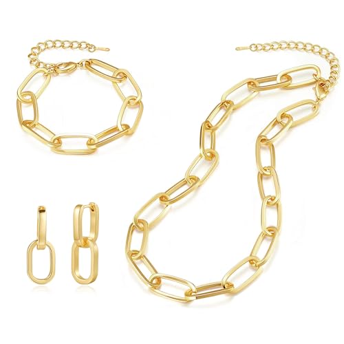 KesaPlan Gold Chain Necklace Bracelet and Earrings for Women Silver Chunky Jewelry Set, 14K Gold Plated Ladies Dainty and Chunky Chain Link Paperclip Jewelry Set for Women Gifts - style: Paperclip Set Gold 2
