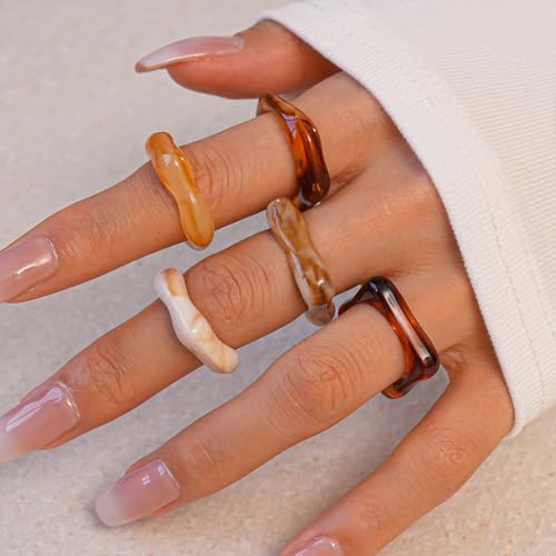 5Pcs Stacking Retro Brown and White Square Resin Knuckle Ring, Simple Chunky Black Acrylic Rings for Women Bohemia Dainty Party Prom Charm Jewelry Gift - color: Brown