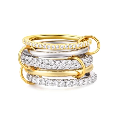 14K Gold Plated Interlocked Stackable Rings for Women Non Tarnish,Gold and Silver Cubic Zirconia Statement Rings Set,Mixed Metals Ring Two-Toned Connected Bands Stacking Jewelry - color: 3*silver rings & 2*gold rings