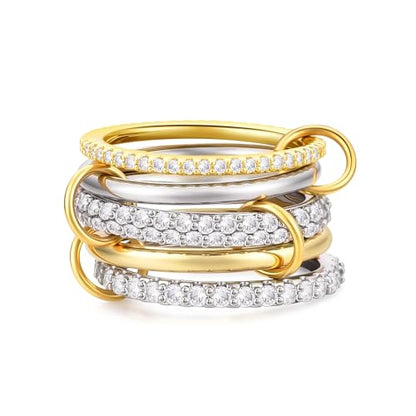 14K Gold Plated Interlocked Stackable Rings for Women Non Tarnish,Gold and Silver Cubic Zirconia Statement Rings Set,Mixed Metals Ring Two-Toned Connected Bands Stacking Jewelry - color: 3*silver rings & 2*gold rings