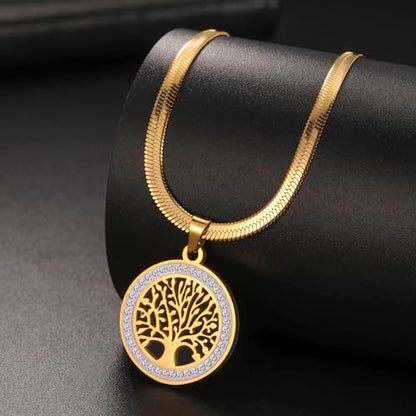 Dreamtimes Tree of Life Necklace for Women Stainless Steel Gold Color Clear Zircon Round Pendant Neck Chains Family Tree Fashion Charm Luxury Jewelry Wedding Gift - color: GOLD-2