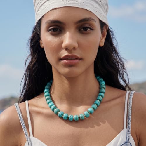 Chunky Beads Necklace for Women Trendy Gold Puffy Heart Choker Necklace Colorful Resin Beaded Heart Pendant Necklaces Statement Jewelry - color: Round- Turquois