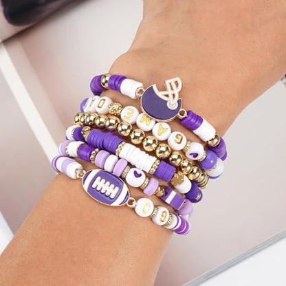 Ardorchid Halloween Bracelets for Women Pumpkin Ghost Steleton Bat Skull Beaded Stackable Stretchy Bracelet Rugby Thanksgiving Christmas Heishi Bracelets - color: Game Day-Purple