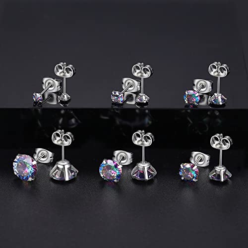 6 Pairs Stud Earrings Set, Hypoallergenic Cubic Zirconia Earrings 316L Stainless Steel CZ Earrings 3-8mm - color: A-Rainbow CZ