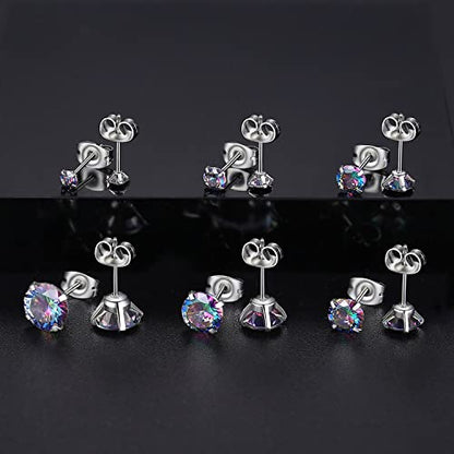 6 Pairs Stud Earrings Set, Hypoallergenic Cubic Zirconia Earrings 316L Stainless Steel CZ Earrings 3-8mm - color: A-Rainbow CZ
