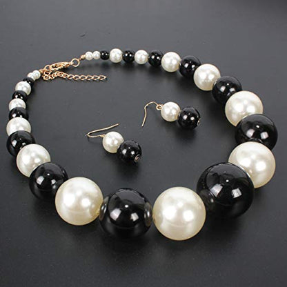 Large Style Big Imitate Pearl Strand Choker Necklace With Earrings Set - color: Multi