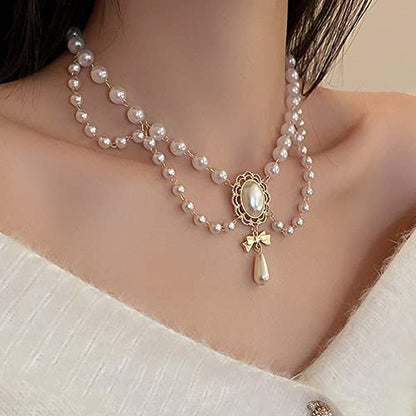 Women Bridal Vintage 1920s Imitation Pearl Necklace Layered Tassels Shiny Bow Choker Necklace Fashion Simple Necklaces for Women Party