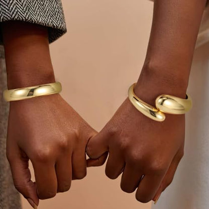 Emibele Cuff Bracelet Stack, 18K Gold-plated Open Bangle Bracelet, Teardrop Hinged Thick Wrist Chunky Bracelet Set for Women, Non Tarnish Jewelry Gift, 2 Pack - color: Gold